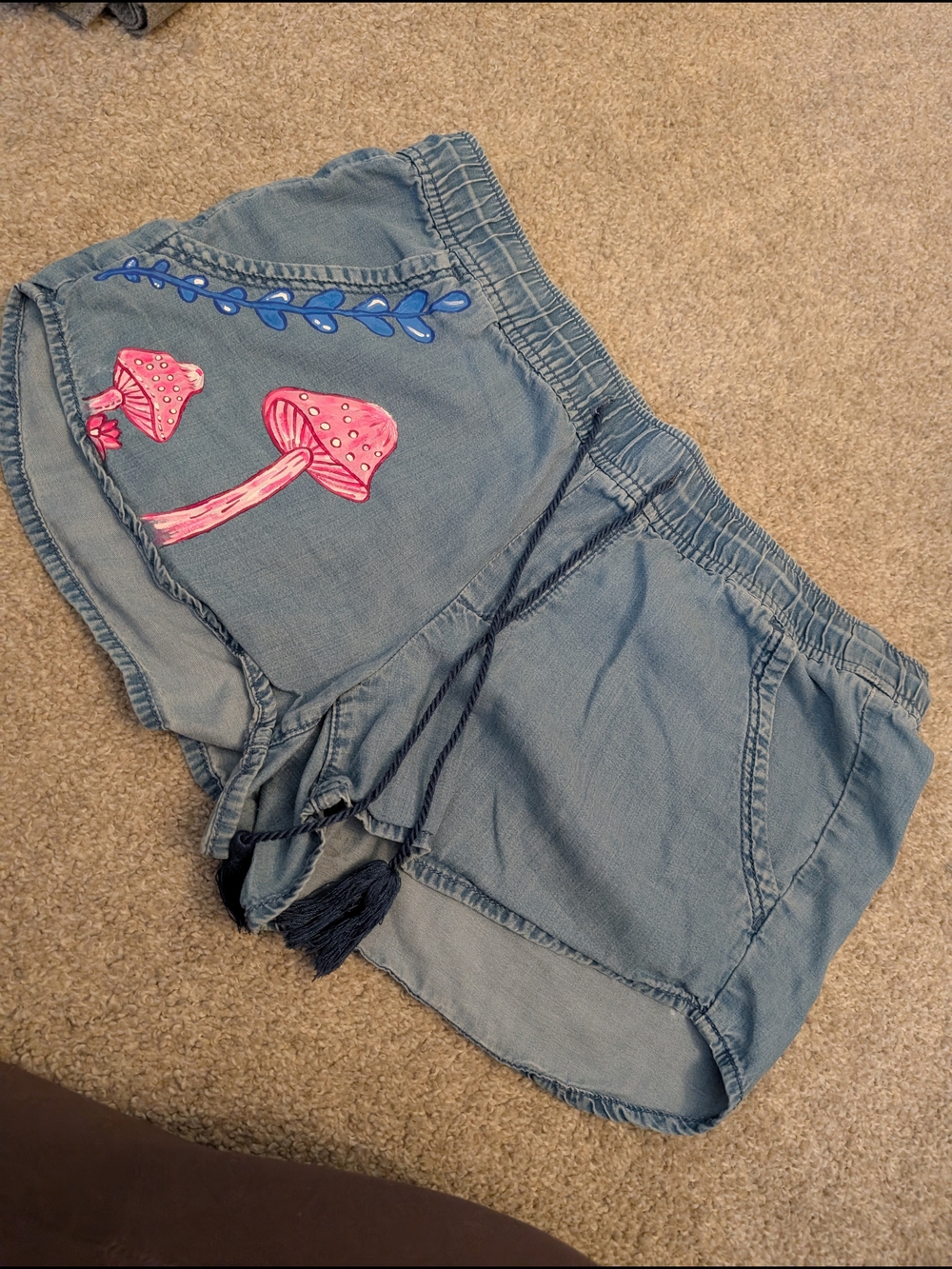 LOFT Light Blue Denim Shorts with Pink Mushroom Embroidery